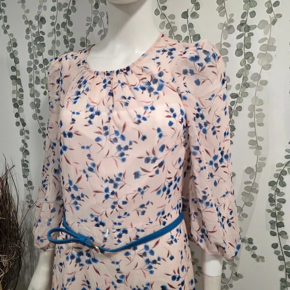 Harper Rose Womens Floral Midi Dress Size 12 Pink Blue Belt Puff Sleeve NWOT - Picture 5 of 12